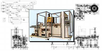 Folding carton loading and closing machine, and computer control flow chart, designed by Roy Rendahl for ADCO in Sanger, California